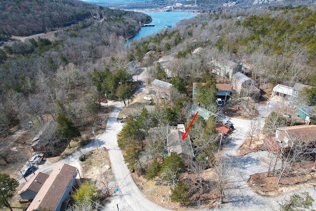 bird's eye view with a water view and a forest view