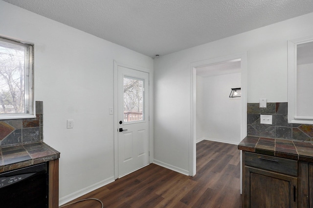 interior space featuring dark wood-style floors, a textured ceiling, and baseboards