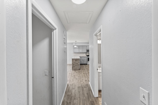 hallway with attic access, a textured wall, and wood finished floors