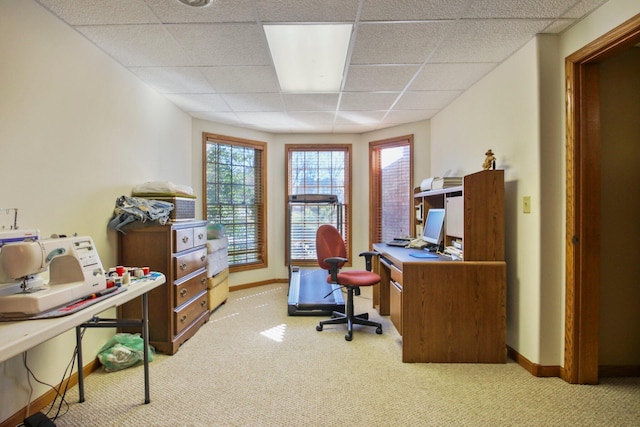 office featuring baseboards, light colored carpet, and a drop ceiling