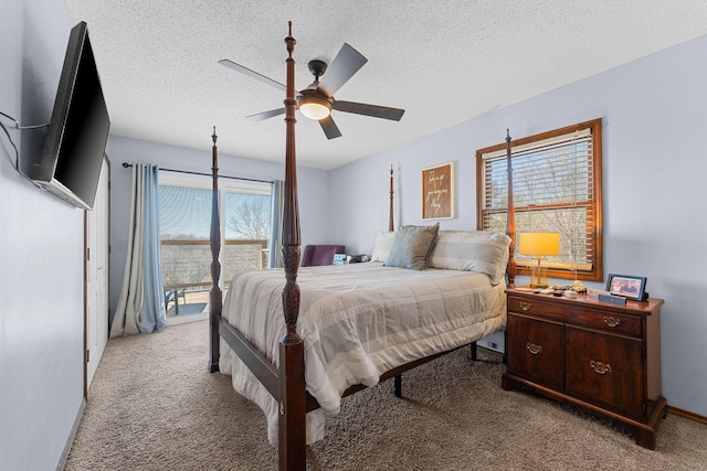 bedroom with light carpet, access to outside, a ceiling fan, and a textured ceiling