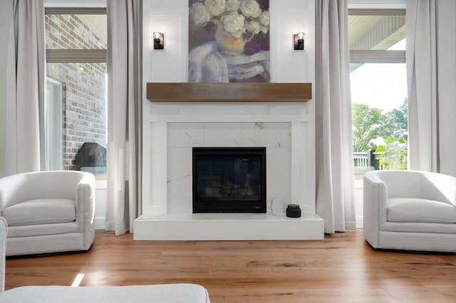 living area with a fireplace and wood finished floors