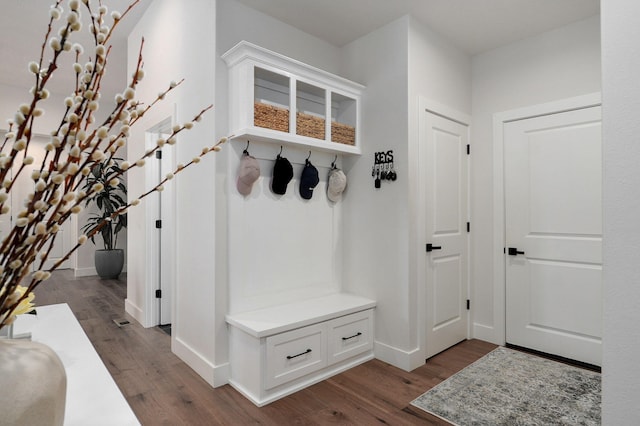 mudroom with baseboards and dark wood finished floors