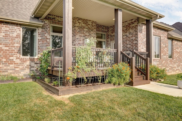 view of exterior entry with roof with shingles, a lawn, and brick siding