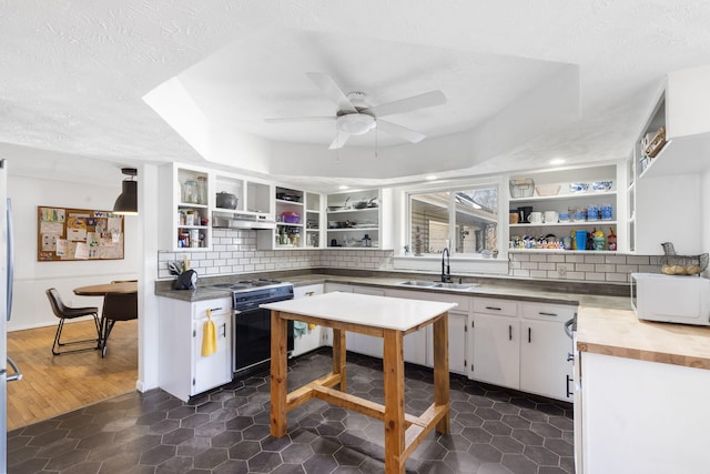 kitchen with ceiling fan, black range with gas cooktop, a sink, decorative backsplash, and open shelves