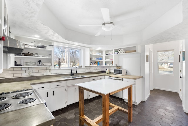 kitchen featuring stainless steel dishwasher, open shelves, a sink, and exhaust hood