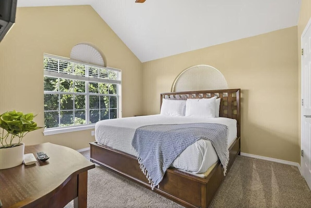 bedroom with carpet floors, lofted ceiling, and baseboards