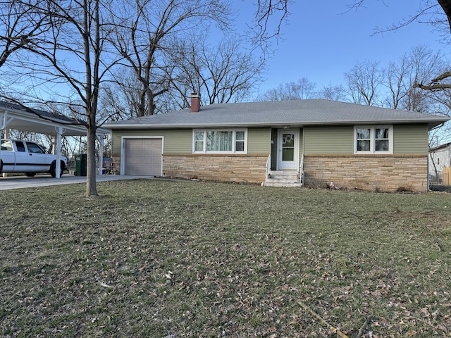 single story home with a front yard, stone siding, driveway, and an attached garage