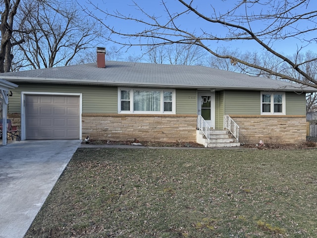 single story home with entry steps, stone siding, a chimney, and a garage