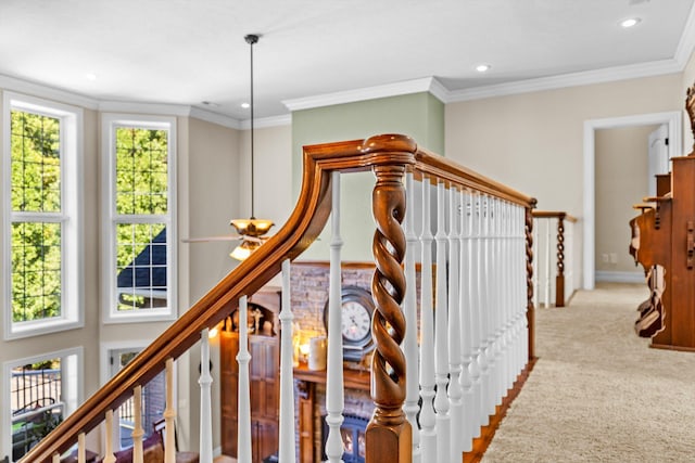 interior space featuring ornamental molding, recessed lighting, and carpet flooring