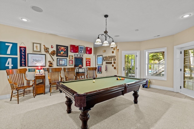 playroom with carpet floors, baseboards, and recessed lighting