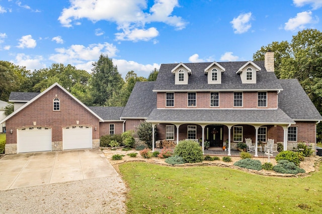 view of front of property featuring covered porch, a garage, a shingled roof, concrete driveway, and a front yard