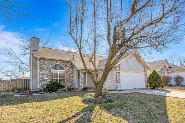 ranch-style house featuring a chimney, an attached garage, a front yard, fence, and driveway