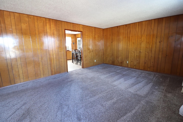 spare room featuring a textured ceiling, carpet, and wooden walls