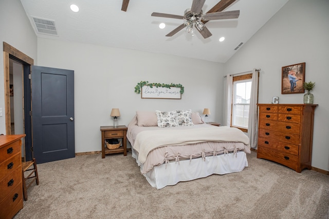 bedroom with visible vents, baseboards, a ceiling fan, carpet, and recessed lighting