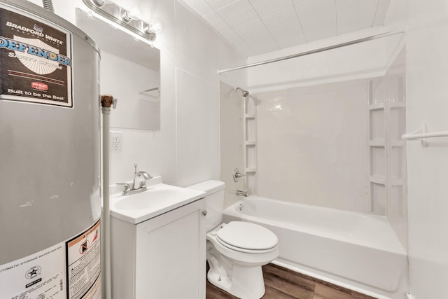 bathroom with toilet, shower / bath combination, wood finished floors, vanity, and water heater