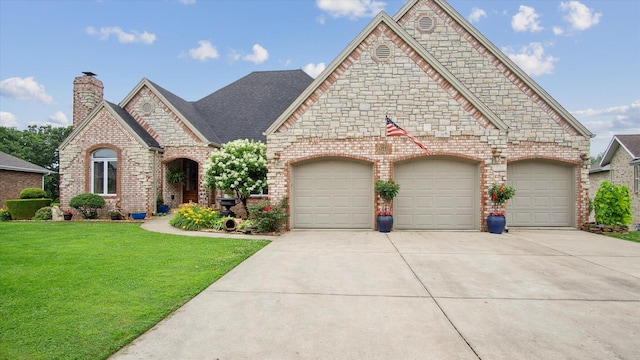 french country style house with a garage, concrete driveway, a chimney, and a front yard