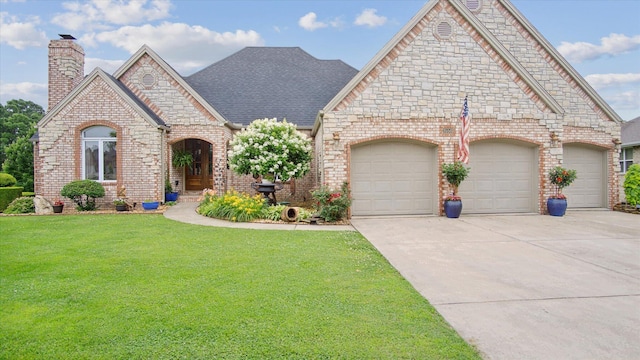 french country inspired facade featuring an attached garage, brick siding, concrete driveway, a chimney, and a front yard