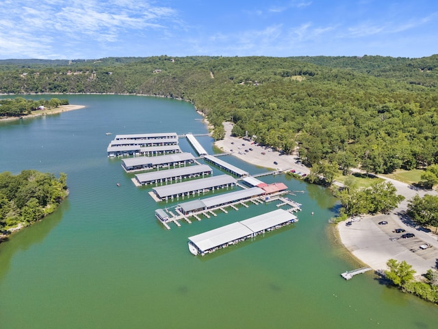 aerial view with a water view and a wooded view