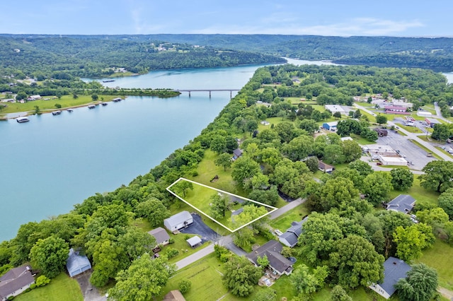 bird's eye view with a water view and a wooded view