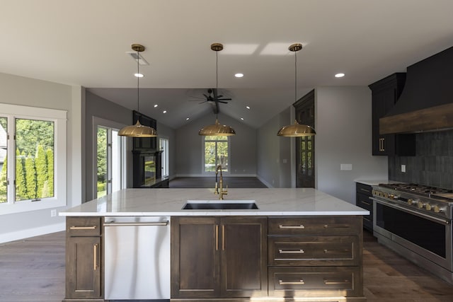 kitchen featuring stainless steel appliances, a sink, dark wood finished floors, and custom range hood