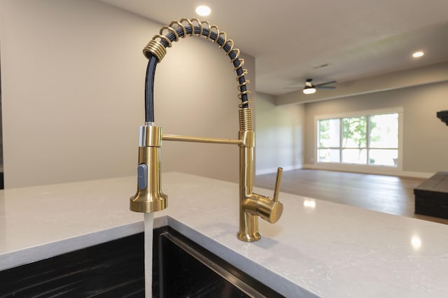 details featuring baseboards, a ceiling fan, wood finished floors, and recessed lighting