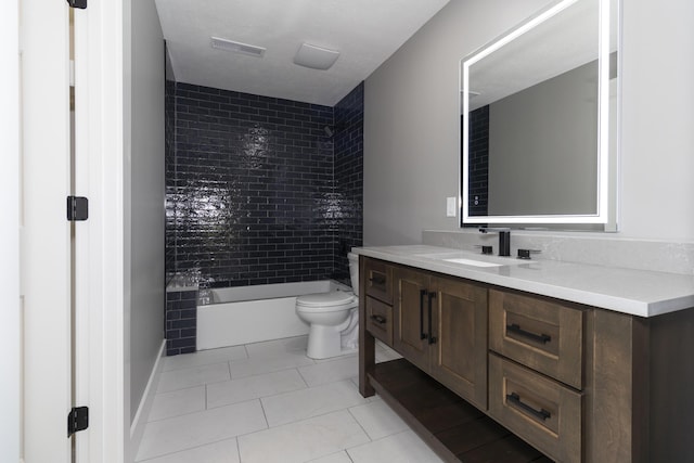 bathroom featuring tile patterned flooring, toilet, shower / bath combination, visible vents, and vanity