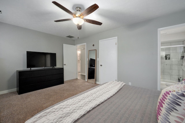 carpeted bedroom with a ceiling fan, visible vents, and connected bathroom