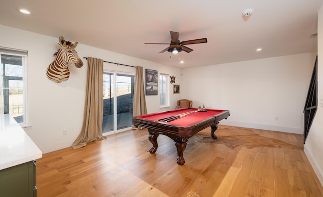 recreation room featuring baseboards, pool table, light wood-type flooring, and recessed lighting