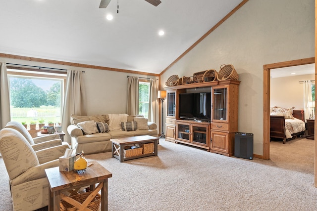 living room featuring ceiling fan, ornamental molding, carpet floors, high vaulted ceiling, and recessed lighting