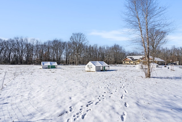 yard covered in snow with a storage shed and an outbuilding