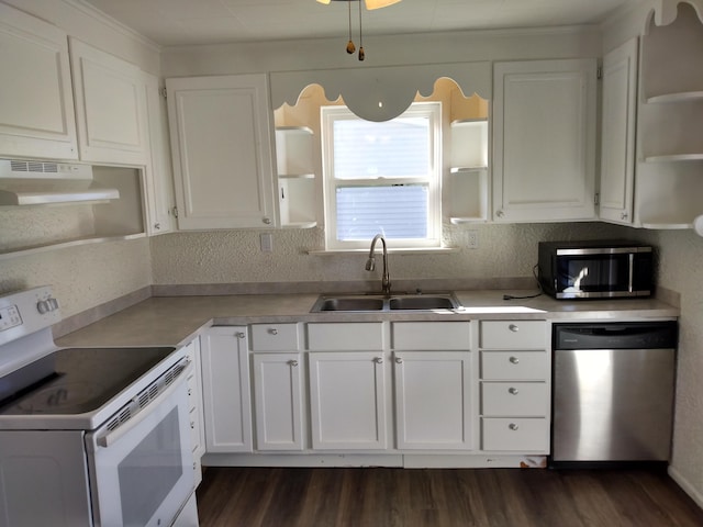 kitchen with open shelves, stainless steel appliances, white cabinets, a sink, and under cabinet range hood