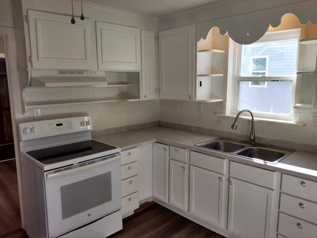 kitchen with white electric range oven, under cabinet range hood, open shelves, and a sink