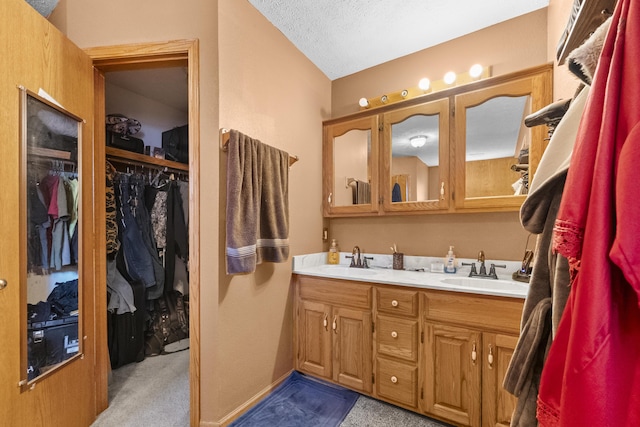 bathroom with double vanity, a textured ceiling, a spacious closet, and a sink