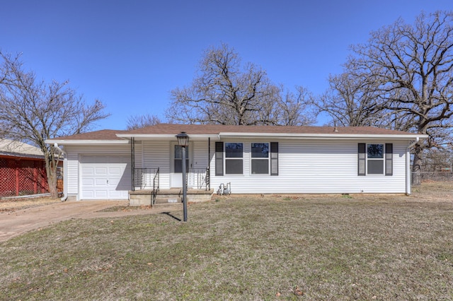 ranch-style house featuring concrete driveway, a front lawn, and an attached garage