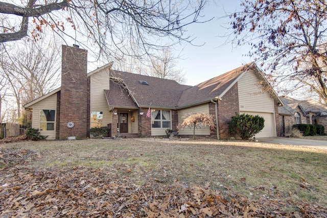 view of front of home featuring brick siding, a chimney, a shingled roof, concrete driveway, and an attached garage