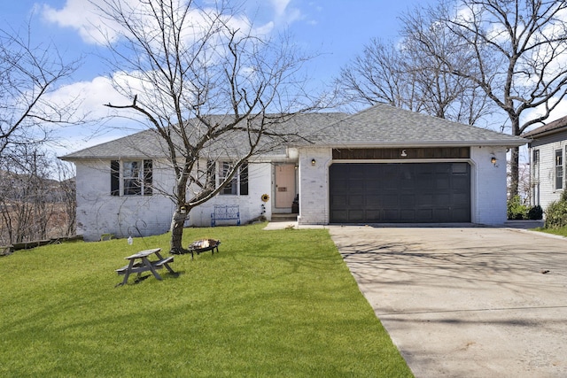 ranch-style house featuring concrete driveway, brick siding, a front lawn, and an attached garage