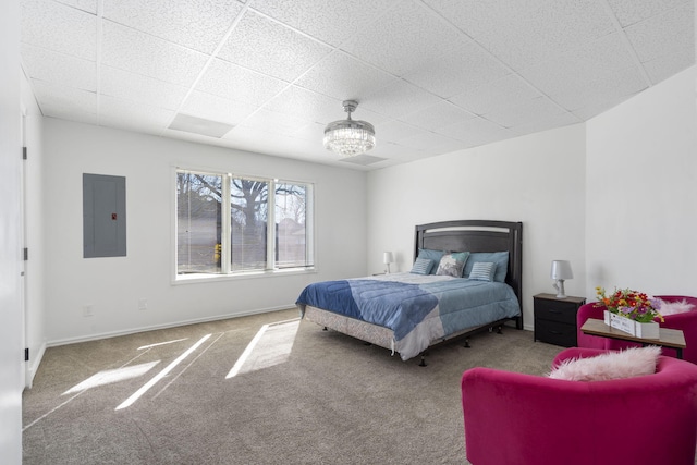 carpeted bedroom with electric panel, a notable chandelier, and baseboards