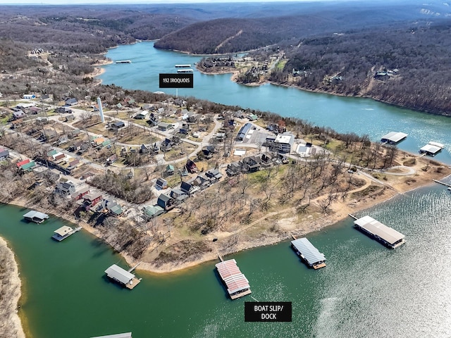 aerial view with a water view and a wooded view