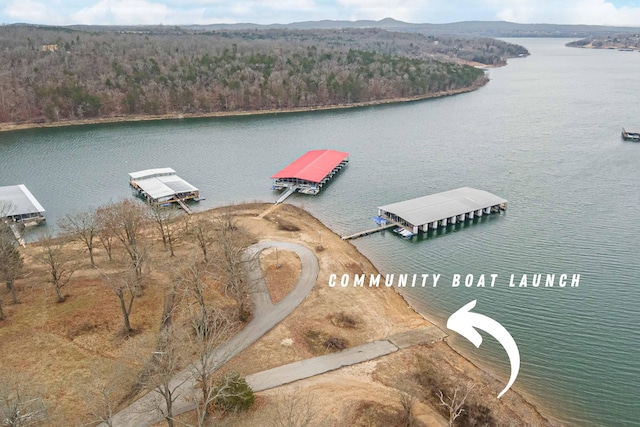 aerial view featuring a water view and a forest view