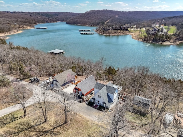 birds eye view of property featuring a water view and a wooded view