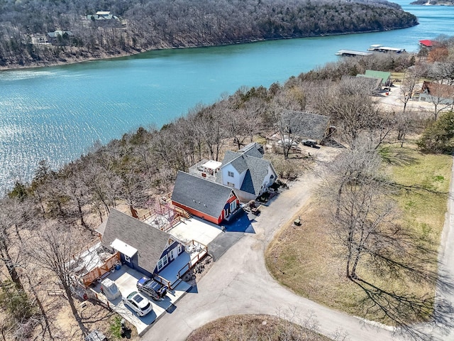 aerial view with a water view and a forest view