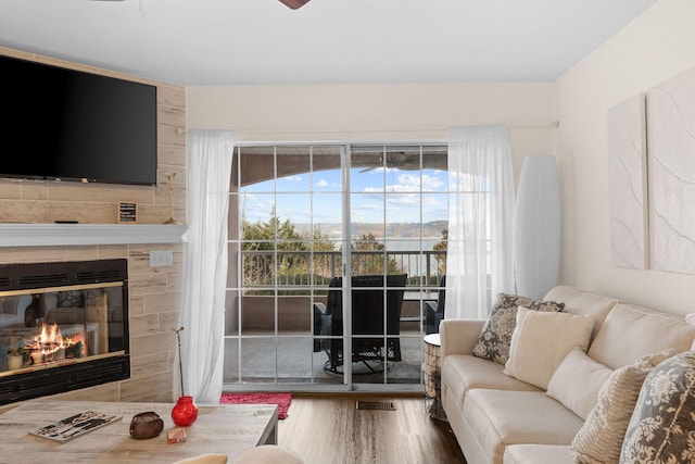 living room with a tiled fireplace and wood finished floors