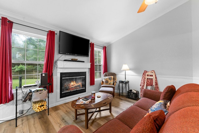 living area with ceiling fan, ornamental molding, wood finished floors, and a glass covered fireplace