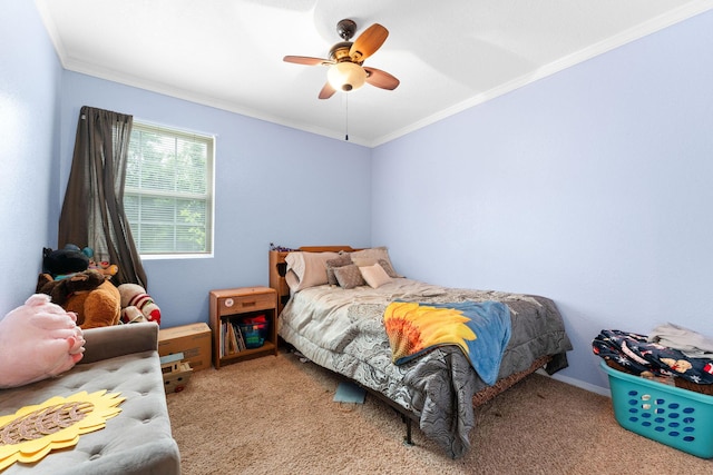 bedroom with ornamental molding, carpet flooring, and a ceiling fan