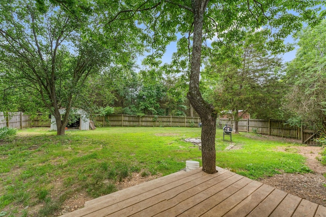 view of yard with a fenced backyard, a storage unit, and an outbuilding