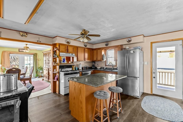 kitchen with stainless steel appliances, french doors, a sink, and dark wood-style flooring