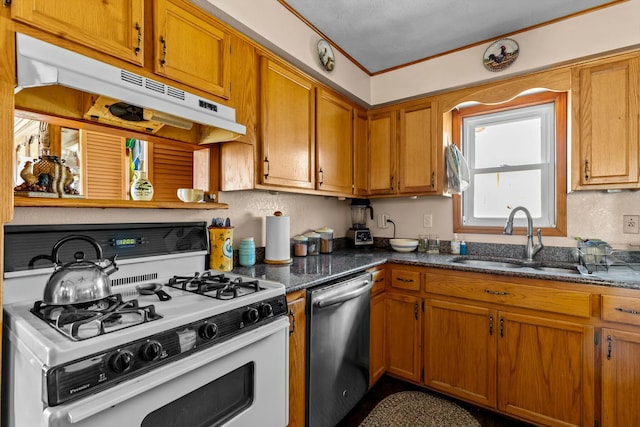 kitchen featuring brown cabinets, white gas range, stainless steel dishwasher, a sink, and under cabinet range hood