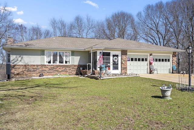 ranch-style house featuring driveway, a front yard, a chimney, and brick siding