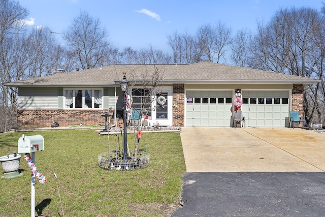 ranch-style house with a garage, brick siding, a shingled roof, concrete driveway, and a front lawn